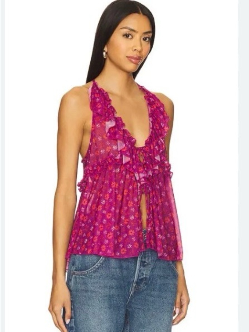 Free People Fuchsia Floral Ruffle Halter Camisole